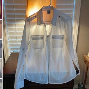 White Zip Front  Anne Klein Adjustable Sleeve Blouse Top OBO